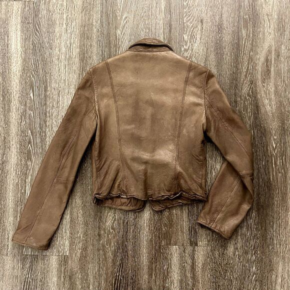 BCBGMAXAZRIA Brown Leather Moto Jacket Small Distressed Zip Pockets Boho Biker - Picture 3 of 9